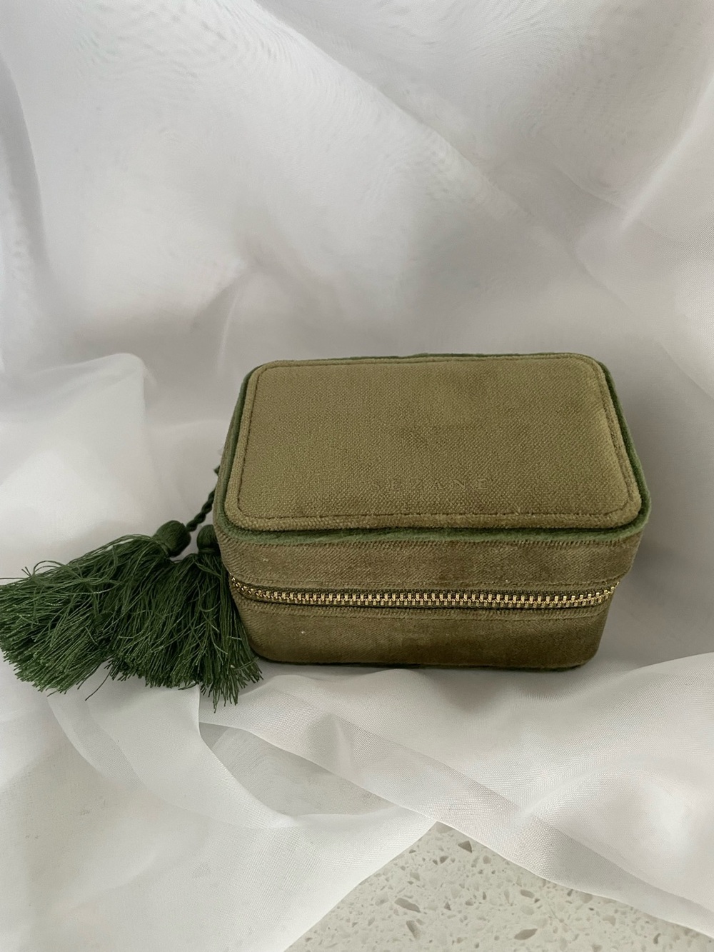 Sézane Olive Green Velvet Travel Jewelry Case with Tassel